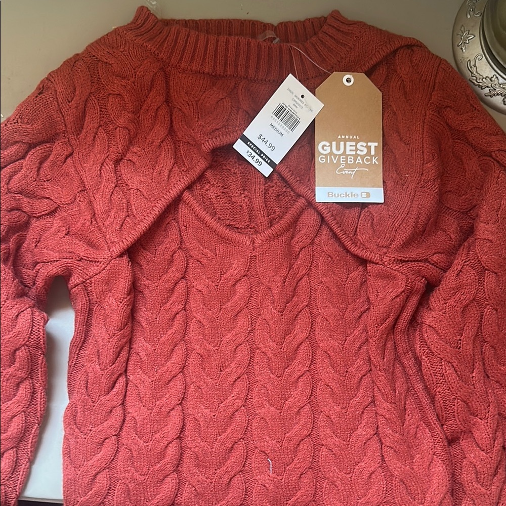 Buckle Orange Cowl Neck Cable Knit Sweater